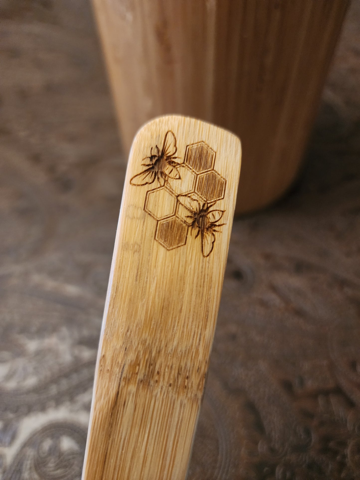 Bamboo Wooden Cooking Spoons. Bees and Honeycombs design. Kitchen Utensil.