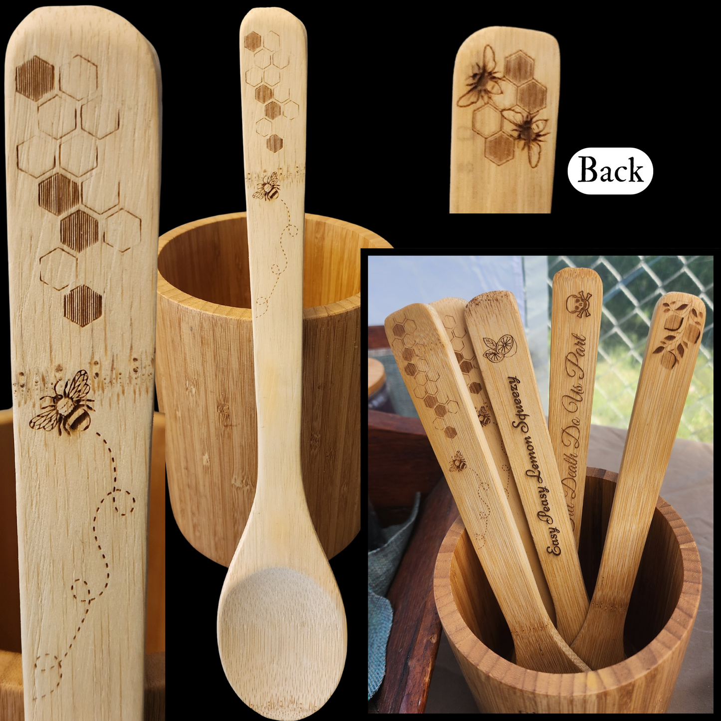 Bamboo Wooden Cooking Spoons. Bees and Honeycombs design. Kitchen Utensil.