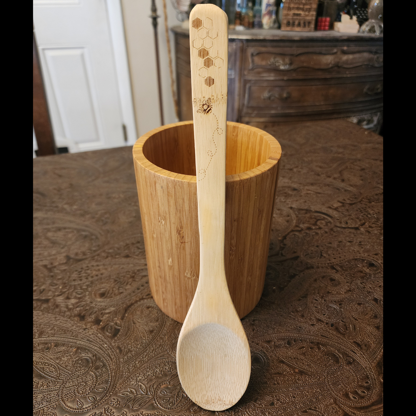 Bamboo Wooden Cooking Spoons. Bees and Honeycombs design. Kitchen Utensil.