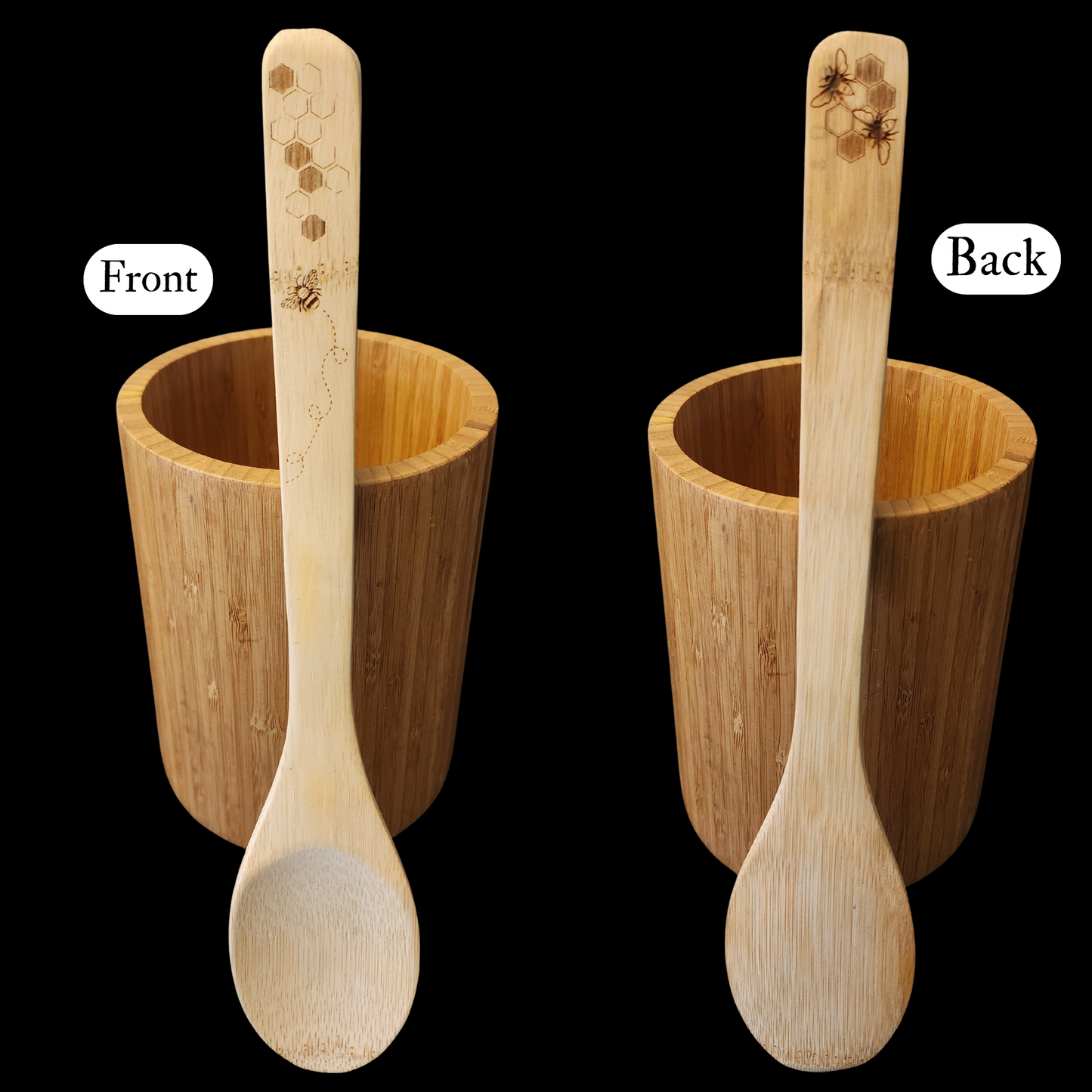 Bamboo Wooden Cooking Spoons. Bees and Honeycombs design. Kitchen Utensil.