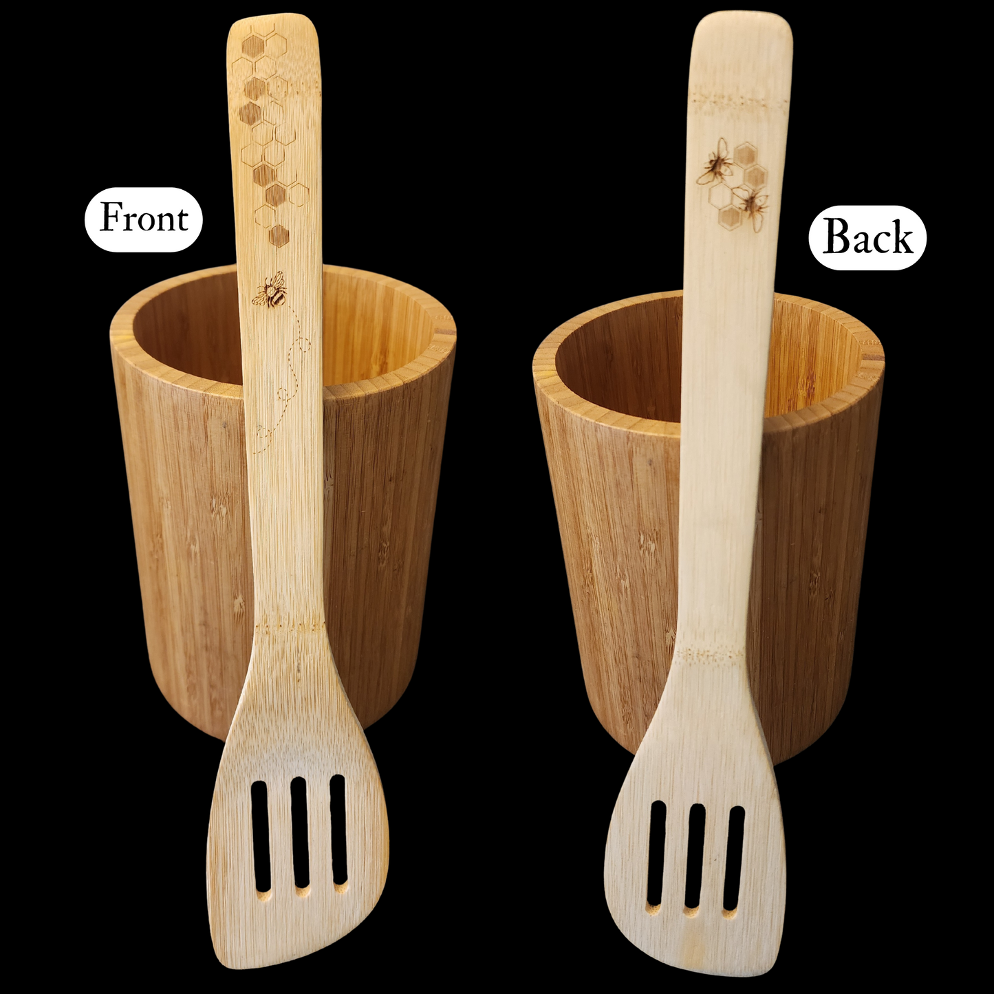 Bamboo Wooden Cooking Spoons. Bees and Honeycombs design. Kitchen Utensil.
