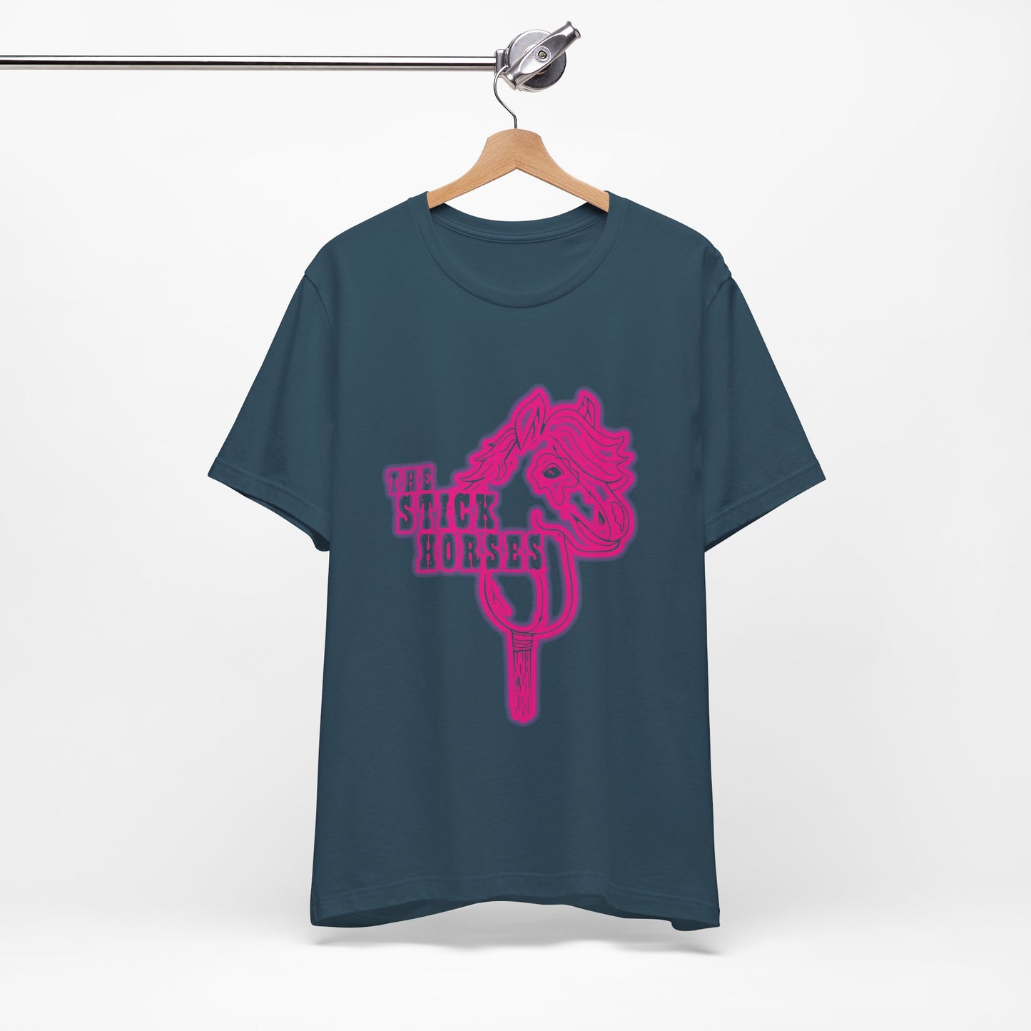 Pink Peak Improv Theater Stick Horse T Shirt. Soft Poly/Cotton Blend, Bella + Canvas.