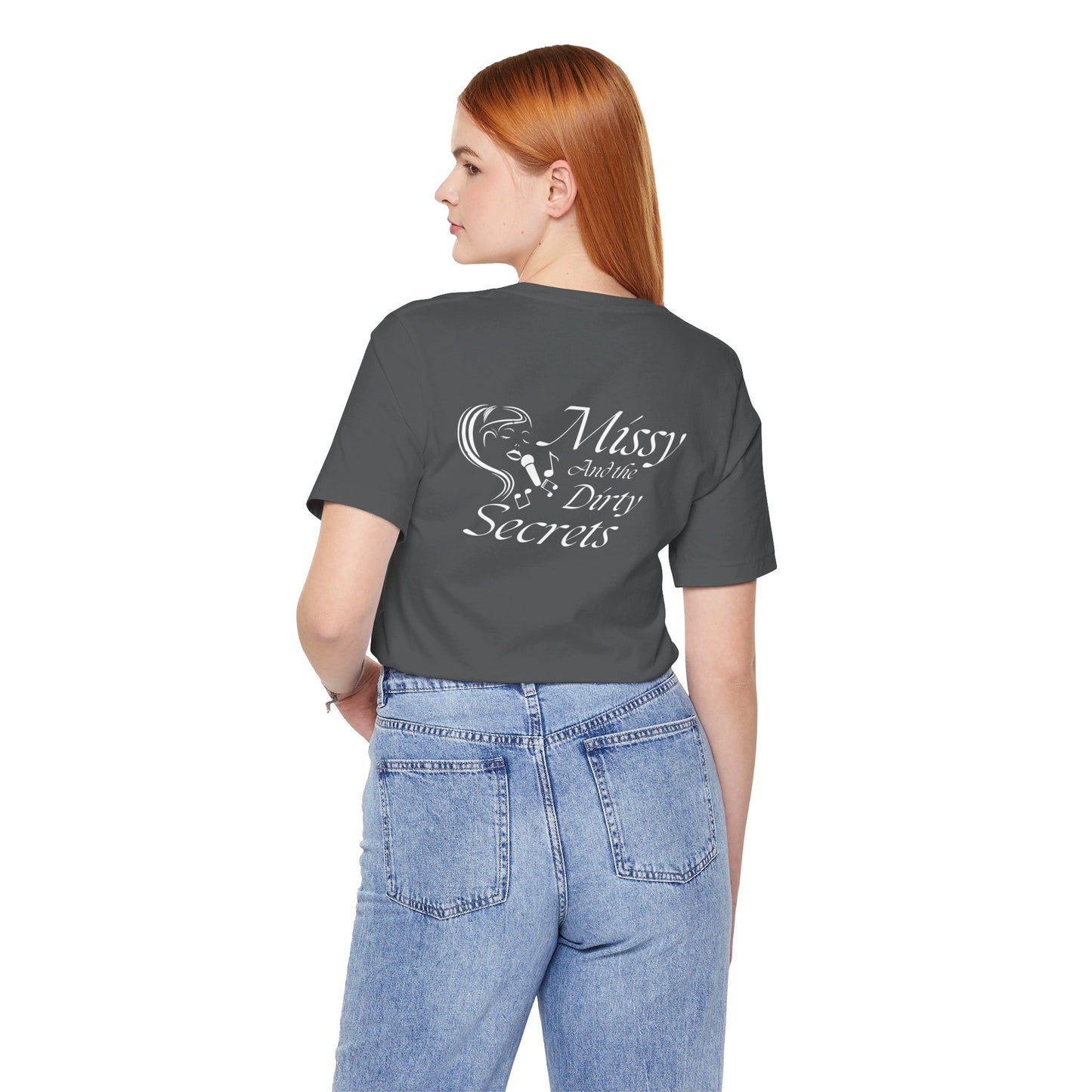 Missy and the Dirty Secrets T-Shirt. Face Design. Soft blend shirt. Design Printed on Back.