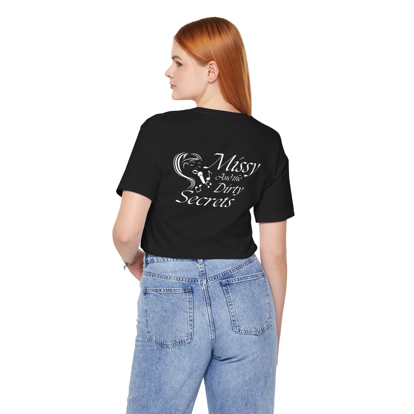 Missy and the Dirty Secrets T-Shirt. Face Design. Soft blend shirt. Design Printed on Back.