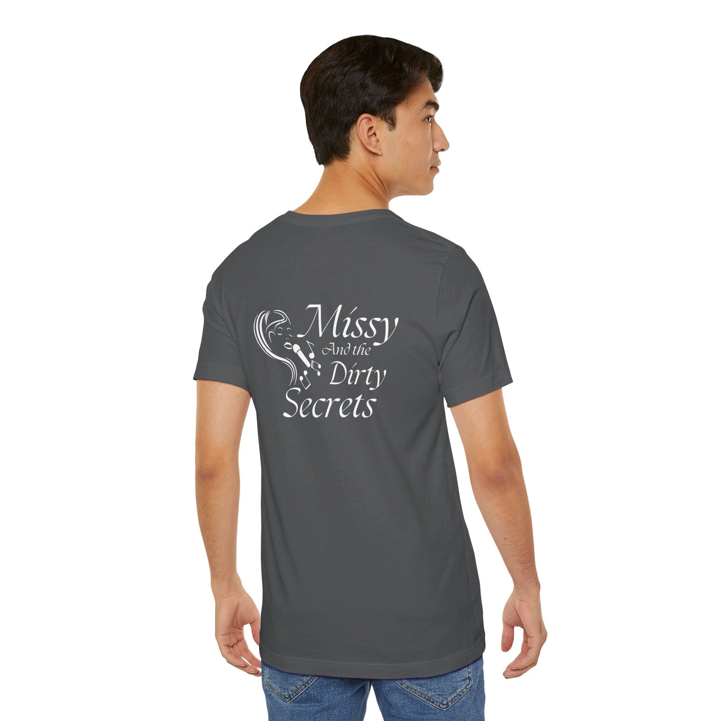 Missy and the Dirty Secrets T-Shirt. Face Design. Soft blend shirt. Design Printed on Back.